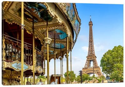 Eiffel Tower With Carousel Canvas Art Print - Amusement Park Art