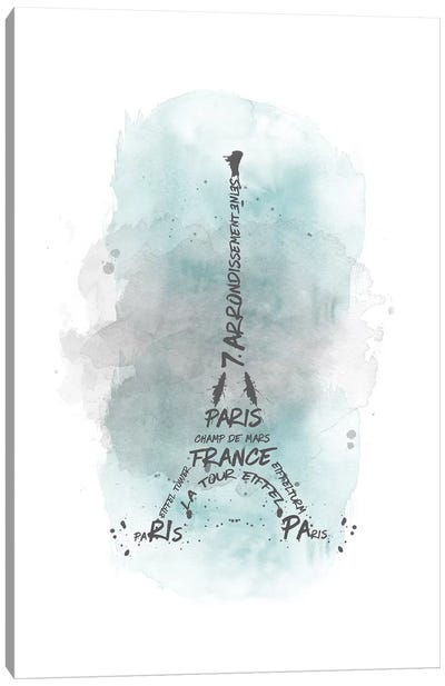 Watercolor Art Eiffel Tower In Turquoise Canvas Art Print - Paris Typography