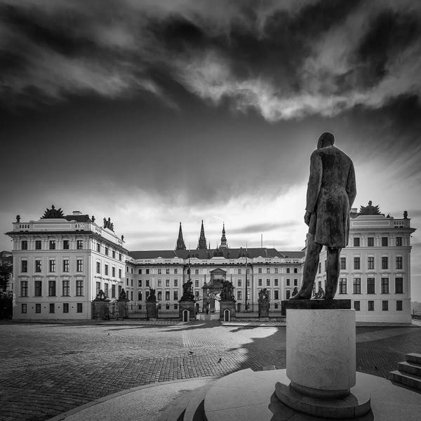 Black & White Cityscapes: Prague Castle With Statue - Monochrome by Melanie Viola