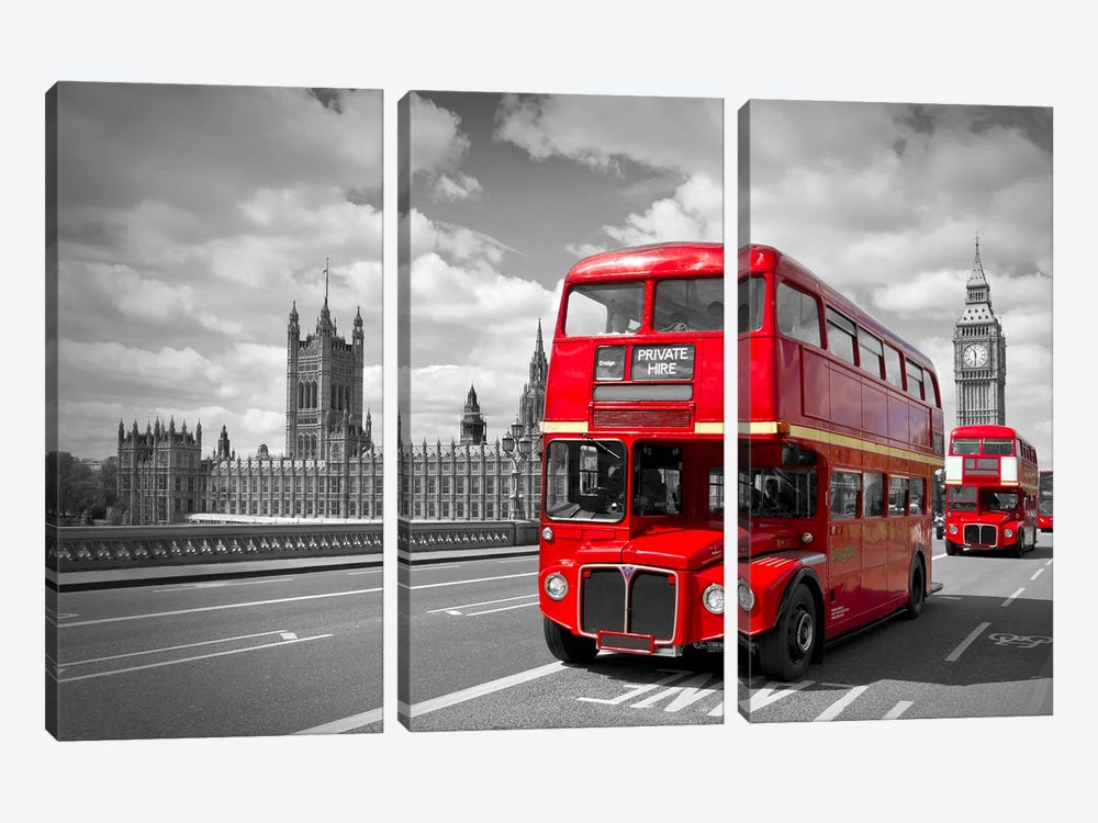 Red Buses In London by Melanie Viola 3-piece Canvas Print