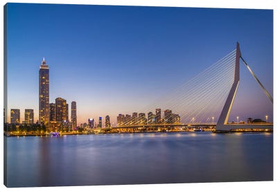 Erasmus Bridge And Rotterdam Skyline In The Evening Canvas Art Print - Netherlands Art