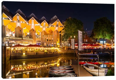 Rotterdam Oude Haven And Cube Houses By Night Canvas Art Print - Urban River, Lake & Waterfront Art