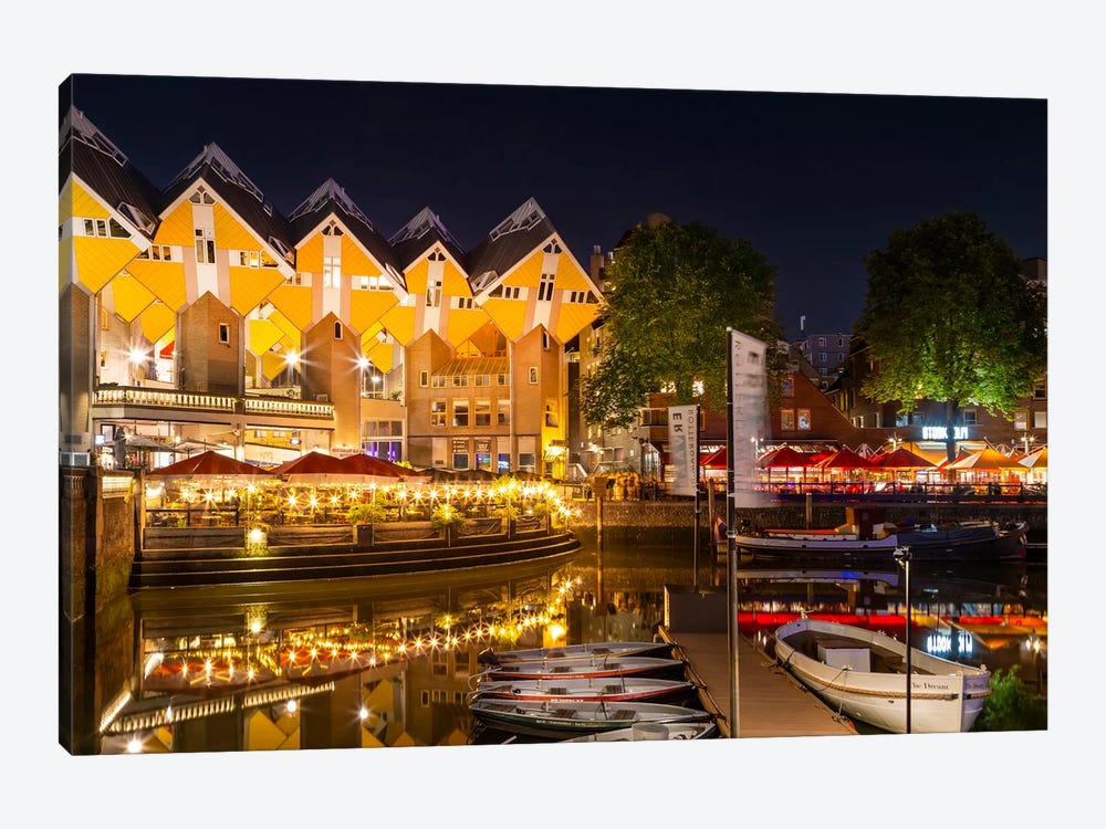Rotterdam Oude Haven And Cube Houses By Night by Melanie Viola 1-piece Canvas Wall Art