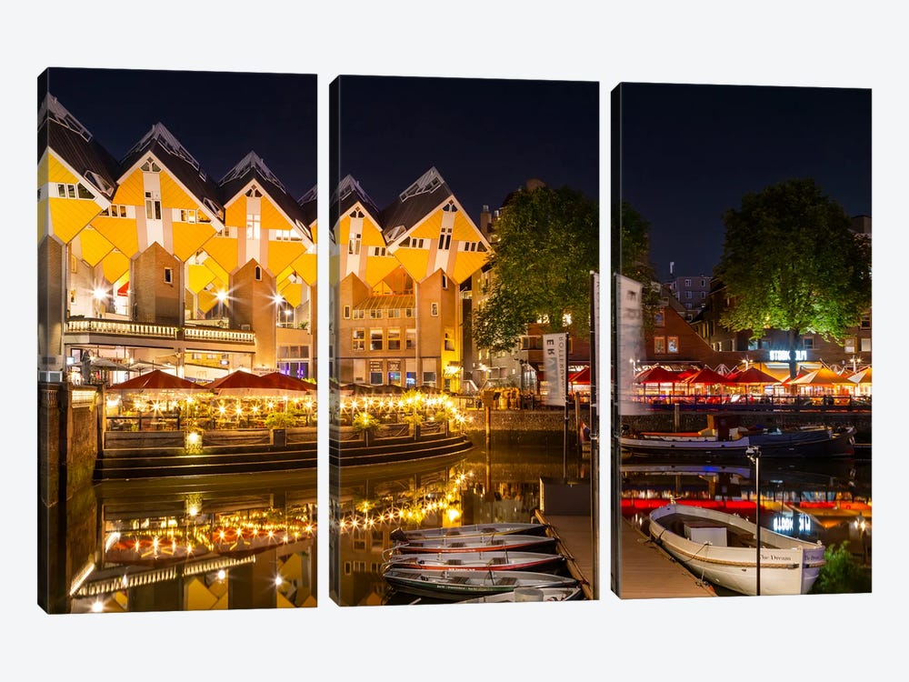 Rotterdam Oude Haven And Cube Houses By Night by Melanie Viola 3-piece Canvas Art