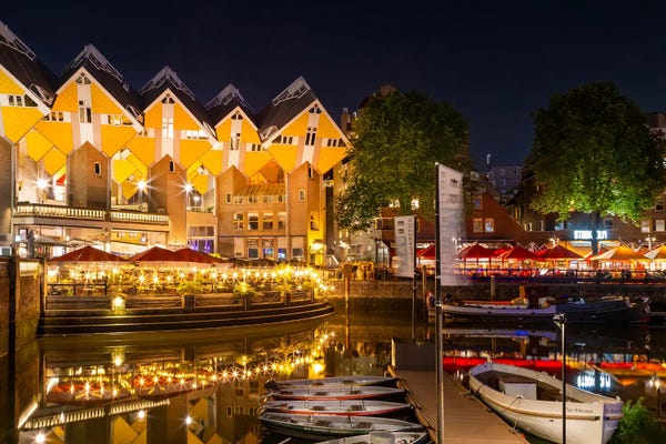 Netherlands: Rotterdam Oude Haven And Cube Houses By Night by Melanie Viola