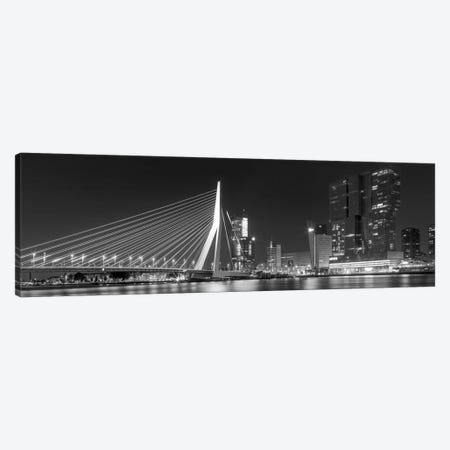 Rotterdam Gigantic Erasmus Bridge At Night - Monochrome Panorama Canvas Print #MEV1265} by Melanie Viola Canvas Wall Art