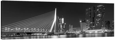 Rotterdam Gigantic Erasmus Bridge At Night - Monochrome Panorama Canvas Art Print - Melanie Viola