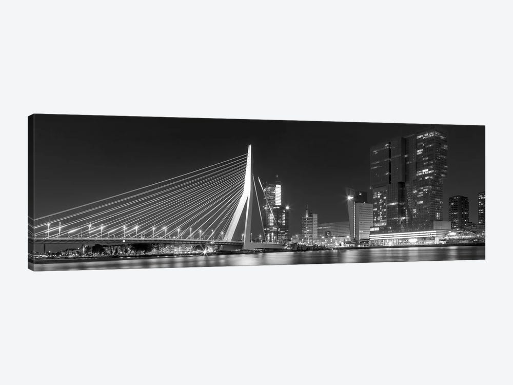 Rotterdam Gigantic Erasmus Bridge At Night - Monochrome Panorama by Melanie Viola 1-piece Canvas Art