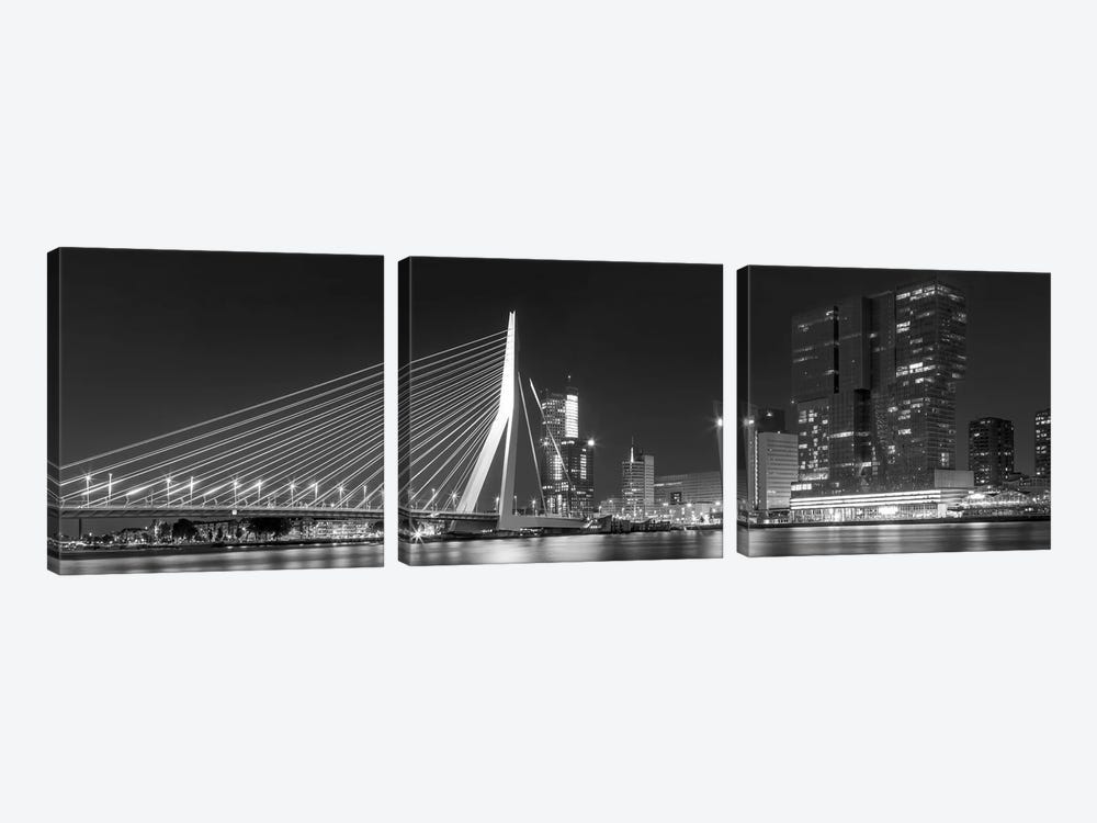 Rotterdam Gigantic Erasmus Bridge At Night - Monochrome Panorama by Melanie Viola 3-piece Canvas Artwork
