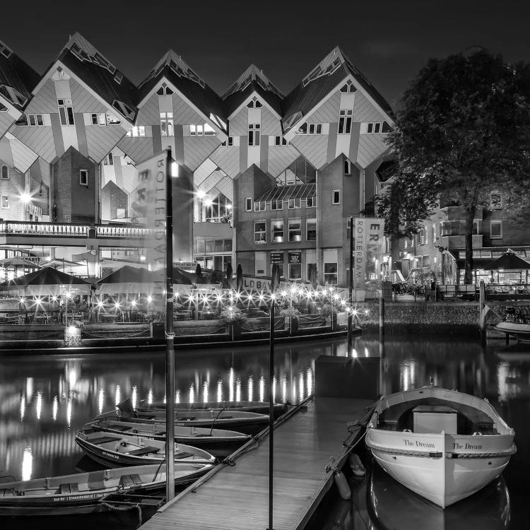 Rotterdam Evening Atmosphere At Oude Haven With Cube Houses - Monochrome