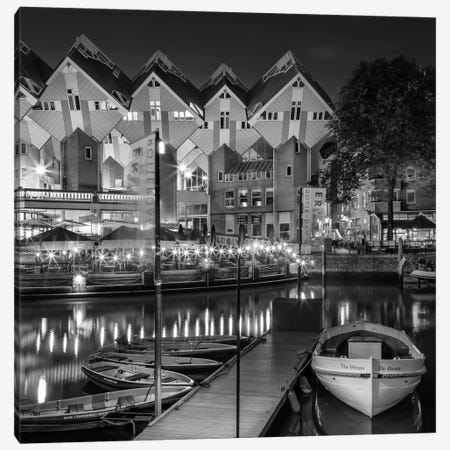Rotterdam Evening Atmosphere At Oude Haven With Cube Houses - Monochrome Canvas Print #MEV1288} by Melanie Viola Canvas Art Print