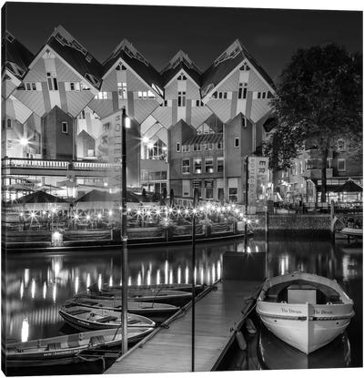Rotterdam Evening Atmosphere At Oude Haven With Cube Houses - Monochrome Canvas Art Print - Netherlands Art