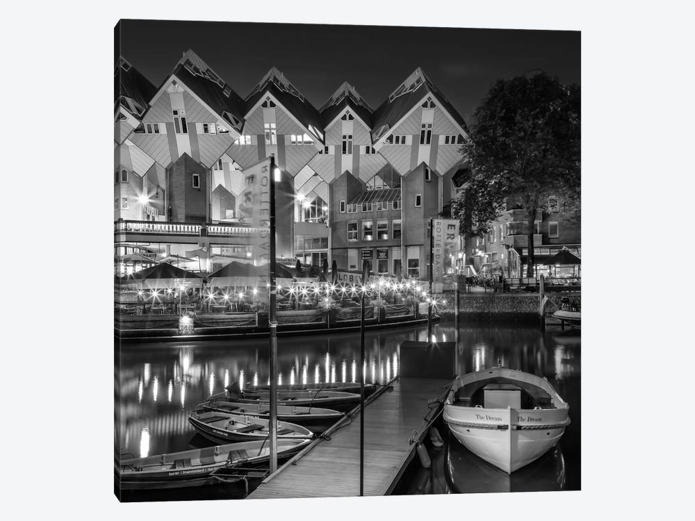 Rotterdam Evening Atmosphere At Oude Haven With Cube Houses - Monochrome by Melanie Viola 1-piece Canvas Print
