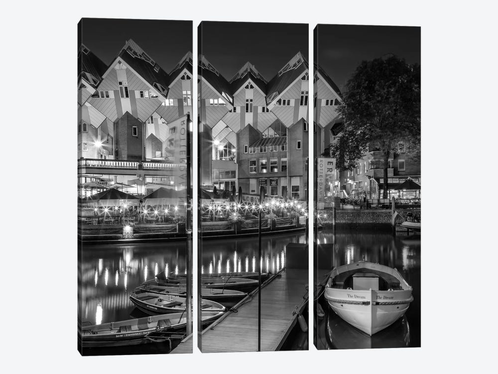 Rotterdam Evening Atmosphere At Oude Haven With Cube Houses - Monochrome by Melanie Viola 3-piece Canvas Print