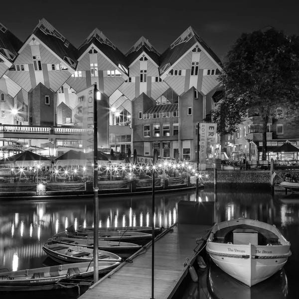 Harbors: Rotterdam Evening Atmosphere At Oude Haven With Cube Houses - Monochrome by Melanie Viola