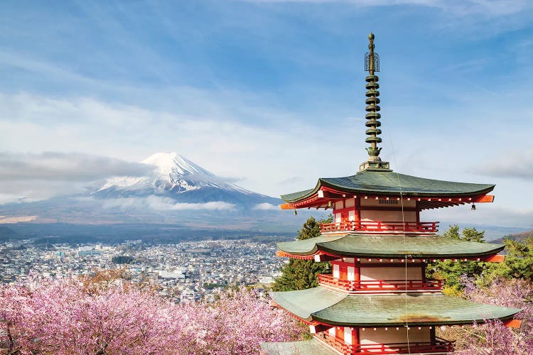 Magnificent View Of Mount Fuji With Chureito Pagoda During Cherry Blossom Season