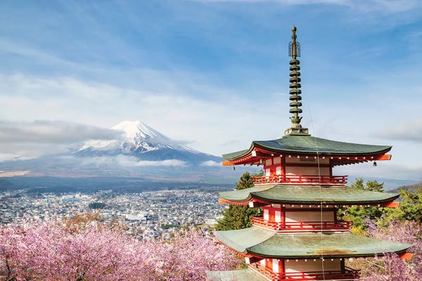 Pagodas: Magnificent View Of Mount Fuji With Chureito Pagoda During Cherry Blossom Season by Melanie Viola