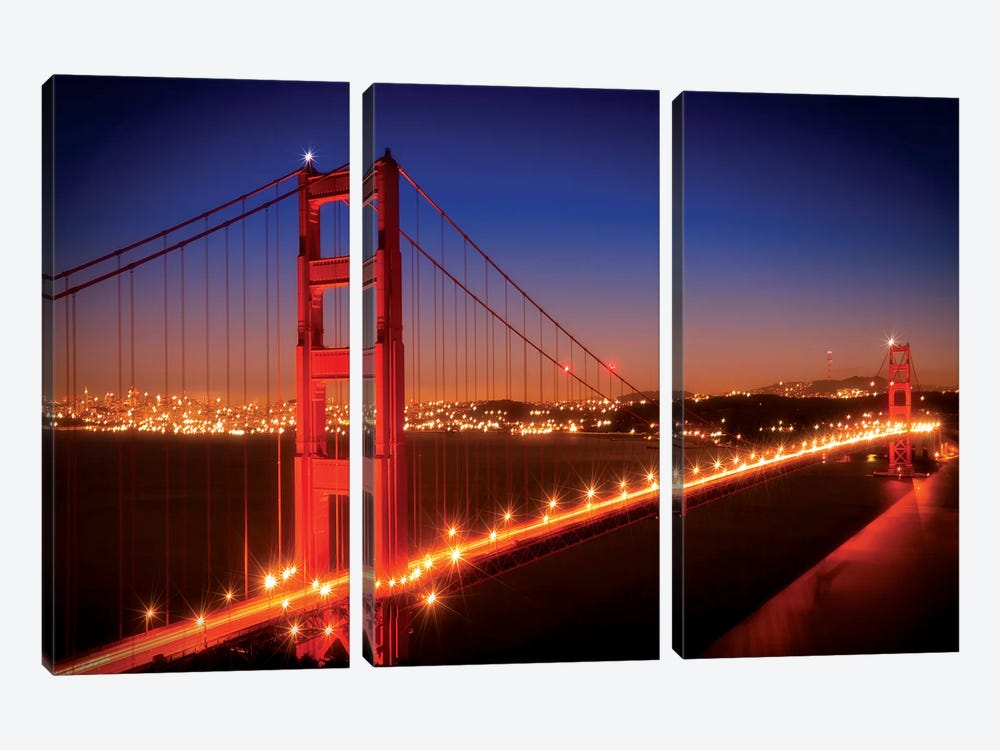 Evening Cityscape Of Golden Gate Bridge by Melanie Viola 3-piece Canvas Print