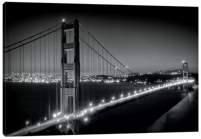 Evening Cityscape Of Golden Gate Bridge in Black And White Canvas Art Print - Famous Architecture & Engineering