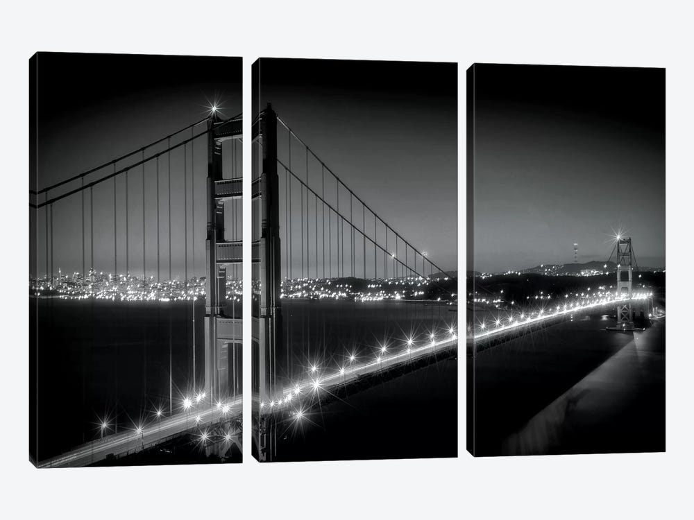 Evening Cityscape Of Golden Gate Bridge in Black And White 3-piece Canvas Artwork