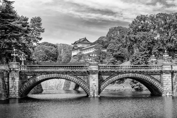 East Asian Culture: Idyllic Seimon Ishibashi And Nijubashi With Imperial Palace - Monochrome by Melanie Viola