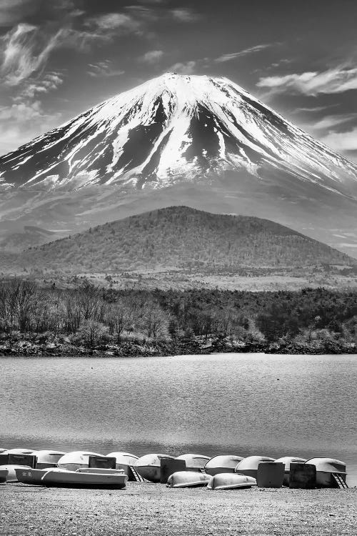 Picturesque Lake Shoji With Striking Mount Fuji - Monochrome