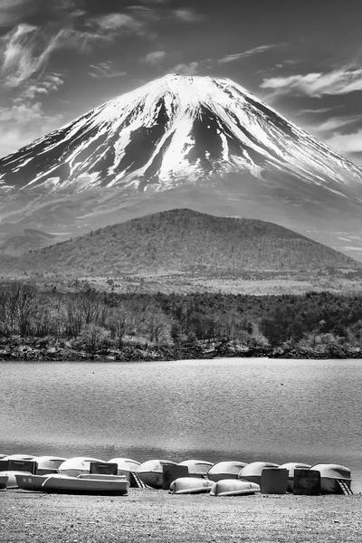 Fujiyoshida: Picturesque Lake Shoji With Striking Mount Fuji - Monochrome by Melanie Viola