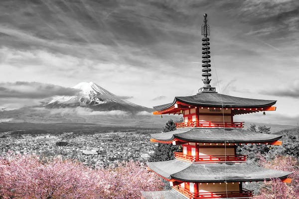 Pagodas: Magnificent View Of Mount Fuji With Chureito Pagoda During Cherry Blossom Season - Colorkey by Melanie Viola