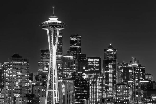 Seattle: Breathtaking Seattle Skyline At Night - Monochrome by Melanie Viola