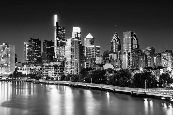 Pennsylvania: View Of Downtown Philadelphia In The Evening - Monochrome by Melanie Viola