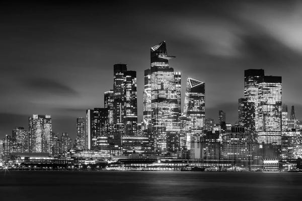 New York City Skylines: Striking NYC Skyline With Hudson Yards In The Evening - Monochrome by Melanie Viola