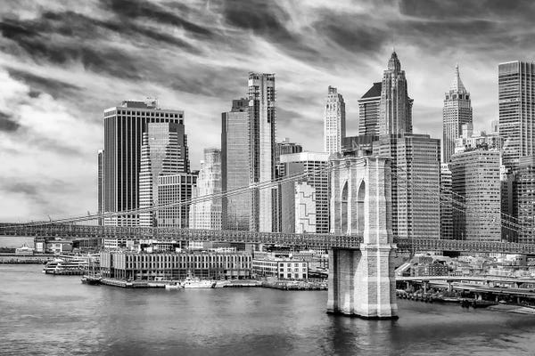 Black & White Cityscapes: Brooklyn Bridge With Pier 17 And South Street Seaport - Monochrome by Melanie Viola