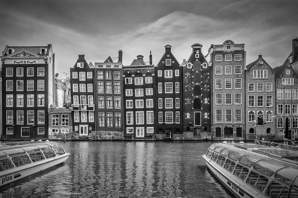 Black & White Scenic Art: Amsterdam Damrak And Dancing Houses by Melanie Viola
