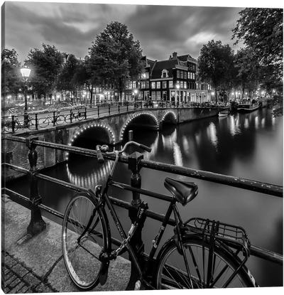 Amsterdam Evening Impression From Brouwersgracht Canvas Art Print - Black & White Cityscapes