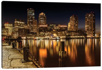 Boston Fan Pier Park & Skyline At Night Canvas Art Print - Massachusetts Art