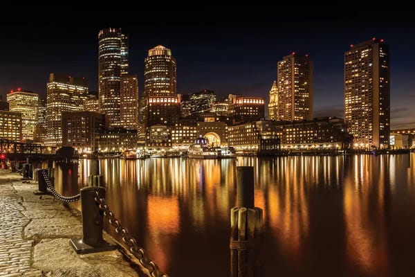 Melanie Viola: Boston Fan Pier Park & Skyline At Night by Melanie Viola