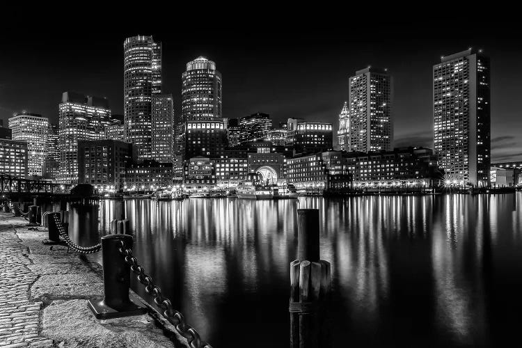 Boston Fan Pier Park & Skyline At Night | Monochrome