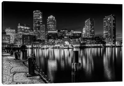 Boston Fan Pier Park & Skyline At Night | Monochrome Canvas Art Print - Boston Art