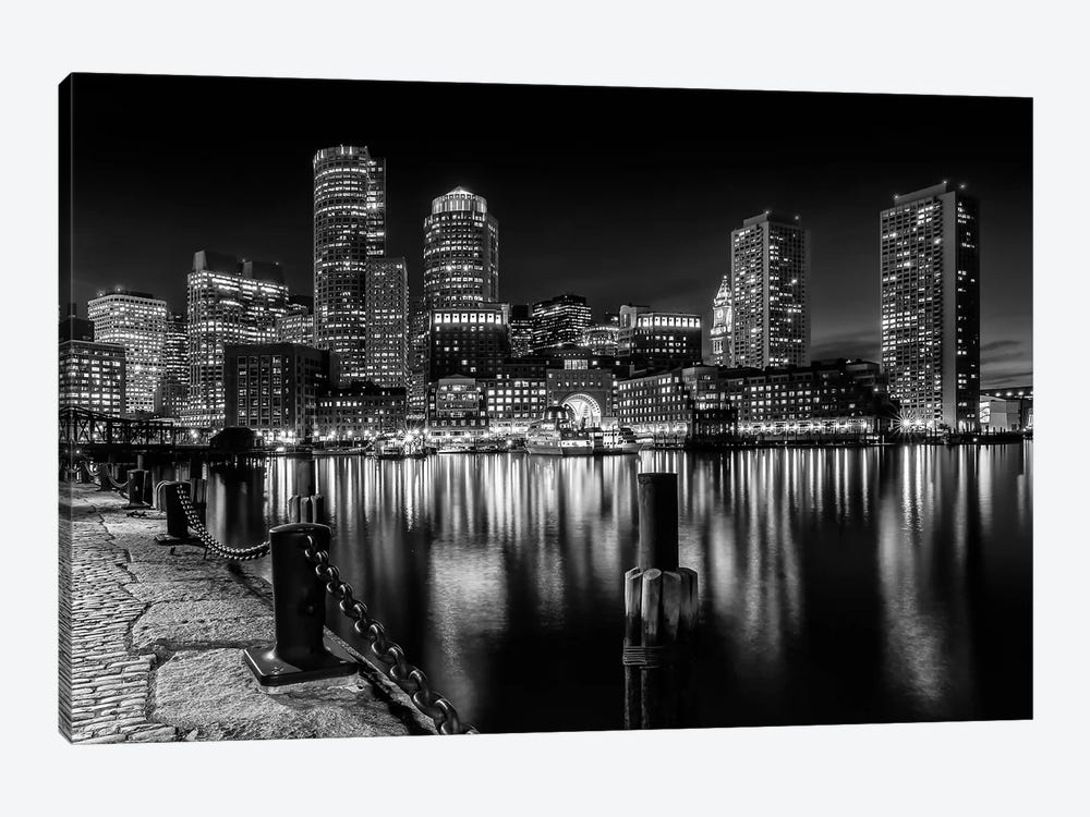 Boston Fan Pier Park & Skyline At Night | Monochrome by Melanie Viola 1-piece Art Print