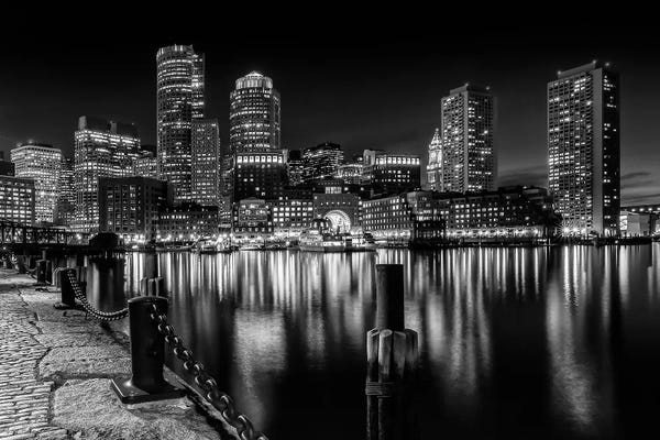 Black & White Scenic Art: Boston Fan Pier Park & Skyline At Night | Monochrome by Melanie Viola