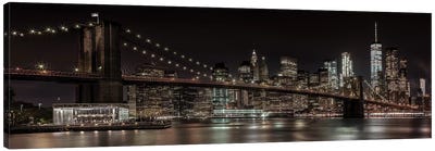 Manhattan Skyline & Brooklyn Bridge Idyllic Nightscape Canvas Art Print - Landmarks & Attractions