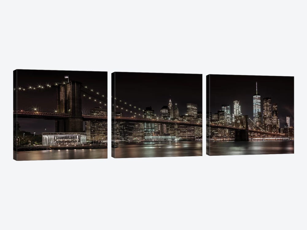 Manhattan Skyline & Brooklyn Bridge Idyllic Nightscape by Melanie Viola 3-piece Canvas Art Print
