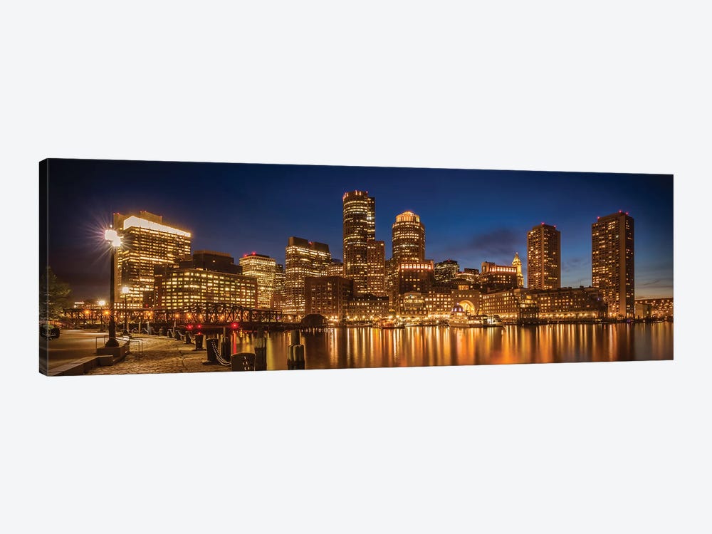 Boston Fan Pier Park & Skyline In The Evening | Panoramic by Melanie Viola 1-piece Canvas Wall Art