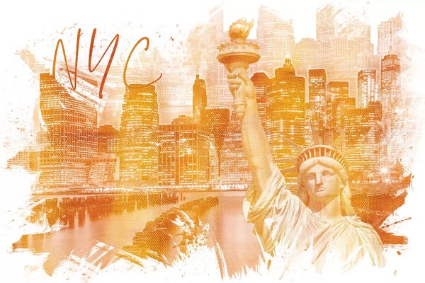 Statue Of Liberty: Golden Art Manhattan Collage by Melanie Viola
