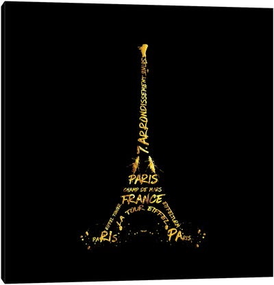 Digital Art Eiffel Tower - Black & Golden Canvas Art Print - Paris Typography