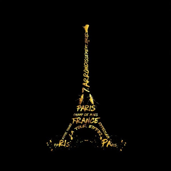 Paris Typography: Digital Art Eiffel Tower - Black & Golden by Melanie Viola