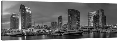 San Diego Evening Skyline | Monochrome Panorama Canvas Art Print - San Diego Art