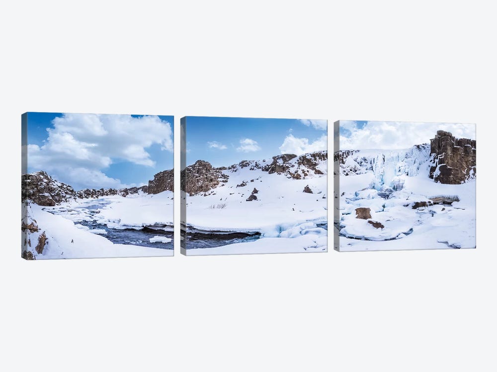 Iceland Oxararfoss In Winter | Panorama by Melanie Viola 3-piece Canvas Print