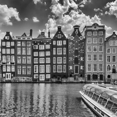 Amsterdam Damrak And Dancing Houses | Monochrome by Melanie Viola canvas print