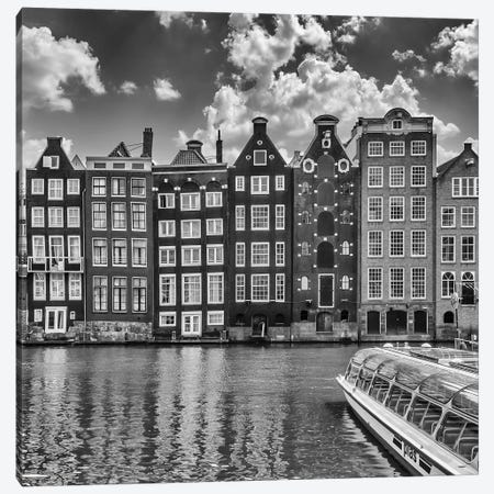 Amsterdam Damrak And Dancing Houses | Monochrome Canvas Print #MEV502} by Melanie Viola Art Print